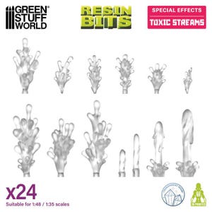 May include: A collection of 24 transparent resin pieces, designed as toxic streams for miniature models. The product is suitable for 1:48 and 1:35 scale models. The text "RESIN BITS" and "TOXIC STREAMS" are visible.