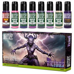 Puede incluir: Un juego de ocho frascos de pintura acrílica de 17 ml de Green Stuff World, incluyendo colores como Vicious Purple, Majin Pink y Demon Blood, sobre una caja rectangular con un personaje morado con cuernos y el texto Vicious.