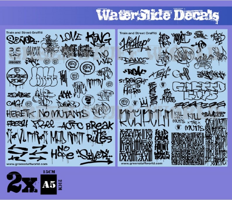 Waterslide Decals Train and Graffiti Mix Black Water slide decals compatible with wargames, dioramas, and Warhammer miniatures 40K image 1