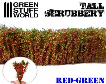 May include: Tall red and green shrubbery for model railroading or miniature landscaping. The shrubbery is made of fine, detailed plastic and is perfect for creating a realistic scene. The image shows the shrubbery in a close-up view, with the text "Tall Shrubbery" and "Red-Green" visible.