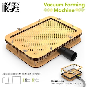 Op de afbeelding: Een lichtgekleurde houten vacuümvormmachine met een geperforeerd rechthoekig oppervlak, metalen vleugelmoeren en een zwart cilindrisch adaptermondstuk. Tekst bevat Green Stuff World, Vacuum Forming Machine en 310x224x48.
