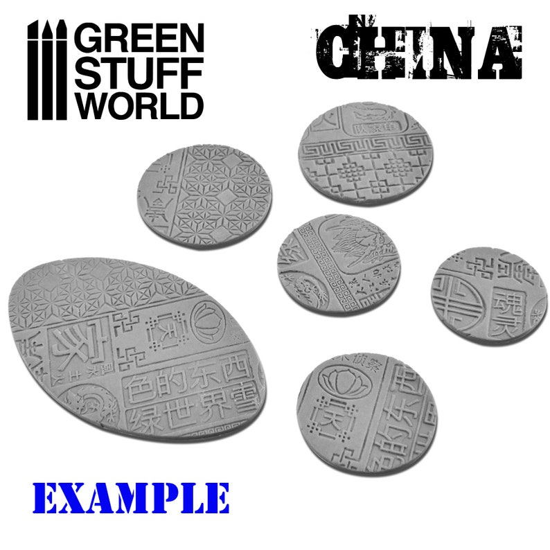 May include: Six gray plastic bases with Chinese-inspired designs. The bases are round and oval shaped. The text "GREEN STUFF WORLD" and "CHINA" are visible in the image.