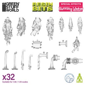 May include: A selection of transparent resin water effect pieces for model making. The set includes drips, splashes, and flowing water elements, suitable for 1:48 and 1:35 scale models. The text "Running Water" is displayed on a pink background.
