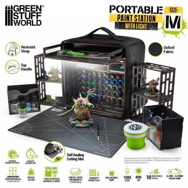 Miniature Portable Paint Station for miniatures and scale models - Miniature Painting Station with light and cutting mat