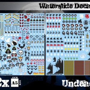 Puede incluir: Dos hojas de calcomanías de transferencia de agua para la pintura de miniaturas. Las calcomanías presentan una variedad de diseños en blanco y negro, incluyendo cráneos, lobos, murciélagos, cruces y otros símbolos. Las calcomanías están etiquetadas como "Undead" y "ref. 2115".