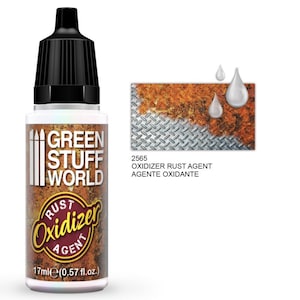 May include: A 17 ml bottle of Green Stuff World Rust Oxidizer Agent. The bottle is white with a black cap and a green label. The label has the text "Green Stuff World" and "Rust Oxidizer Agent". The bottle is sitting on a white background.