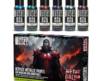 Set 6x Metal Paints COLORS - for paintbrush and Airbrush - Acrylic Paints Metallic wargame modeling, miniature painting and dioramas