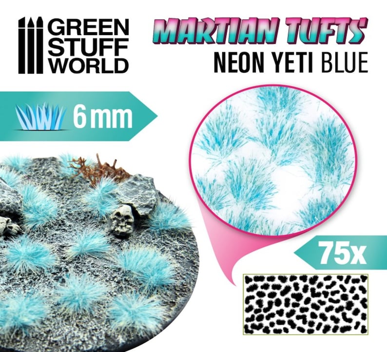 May include: A close-up of a 6 mm neon blue tuft of artificial grass, called "Martian Tufts Neon Yeti Blue" by Green Stuff World. The tuft is shown in a magnified view, with 75x the size of the tuft shown in the bottom right corner of the image.