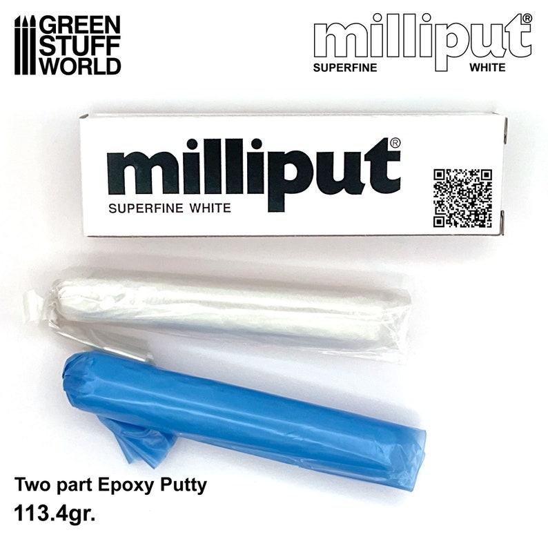 May include: Two-part white epoxy putty, Milliput Superfine White, in a white box with a black logo and a QR code. The putty is in two separate plastic bags, one white and one blue. The product is labeled as "Two part Epoxy Putty 113.4gr."