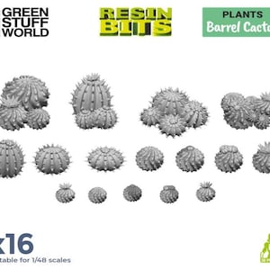 Puede incluir: Un conjunto de 16 modelos de cactus barril de resina gris, adecuados para modelos a escala 1/48. Los modelos están impresos en 3D y vienen en una variedad de tamaños.
