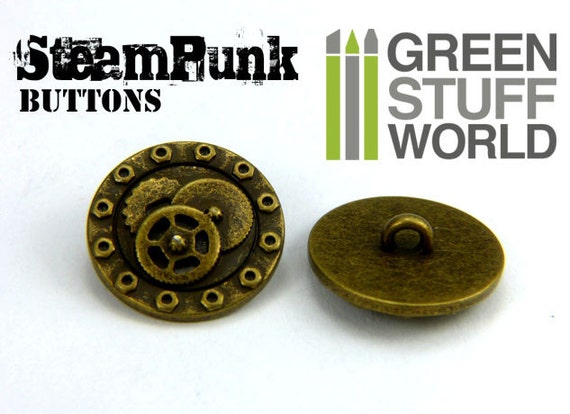 Boutons Décoratifs Steampunk - 8 Boutons Doré Antique à Motifs Boulons & Engrenages - 20mm - Neufs