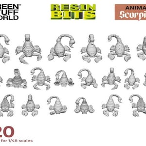 May include: A set of 20 grey resin scorpion miniatures, suitable for 1/48 scale models. The miniatures are in various poses and are ready to be painted.