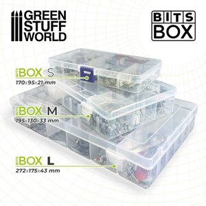 May include: Three clear plastic storage boxes with lids, labeled "BITS BOX S 170x95x21 mm", "BITS BOX M 195x130x33 mm", and "BITS BOX L 272x175x43 mm". The boxes are stacked on top of each other, with the largest box on the bottom.