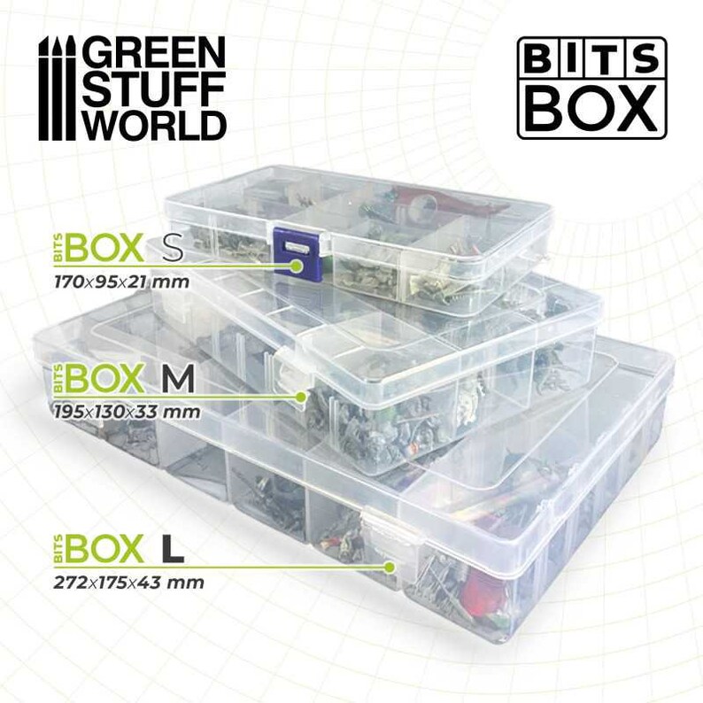 May include: Three clear plastic storage boxes with lids, labeled "BITS BOX S 170x95x21 mm", "BITS BOX M 195x130x33 mm", and "BITS BOX L 272x175x43 mm". The boxes are stacked on top of each other, with the largest box on the bottom.