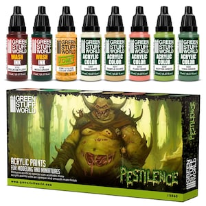 以下が含まれることがあります： Green Stuff Worldのアクリル塗料とウォッシュインクの17mlボトル8本セット。Pecatum Flesh、Moss Green、Vomit、Fang White、Temple Ochre、Flesh Rose、Rotten Green、Yoda Greenの各色が含まれ、テーマ別の箱に入っています。
