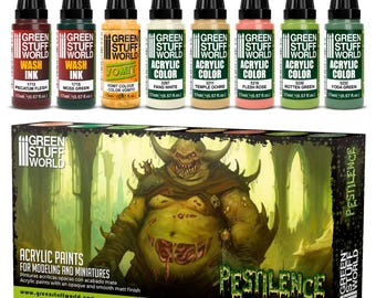 May include: A set of eight 17ml bottles of Green Stuff World acrylic paints and wash inks, including colors like Pecatum Flesh, Moss Green, Vomit, Fang White, Temple Ochre, Flesh Rose, Rotten Green, and Yoda Green, presented with a themed box.
