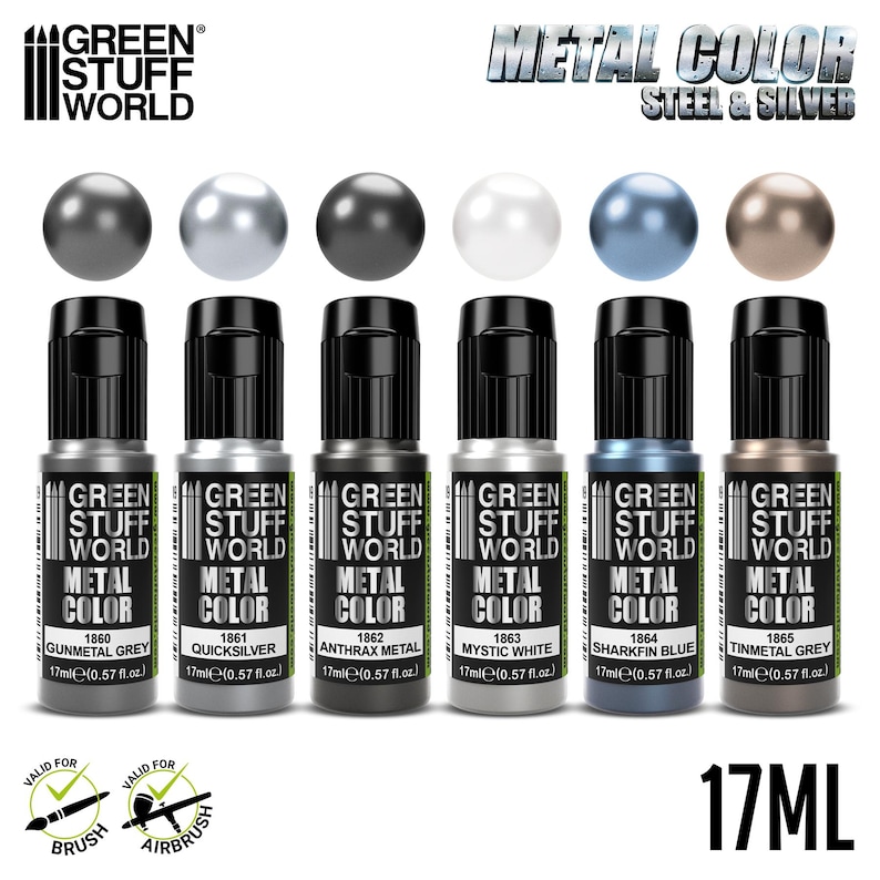 Set 6x Metal Paints SILVER - Brush and Airbrush Acrylic Metallic Paints Compatible with Wargames Wargaming Miniature Painting image 2