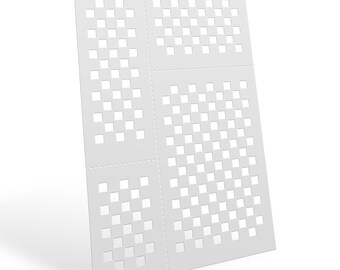 Può includere: Un foglio rettangolare bianco con una griglia di ritagli quadrati. Il foglio è diviso in sezioni da linee tratteggiate, creando un motivo di griglie più piccole e più grandi. Il design è pulito e minimalista.