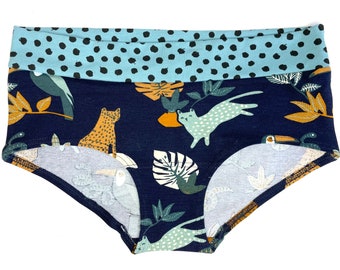 Organic cotton ladies panties - no-rubber in waist just double folded stretch fabric in waist - regular waist heigh - Jungle Cheetah