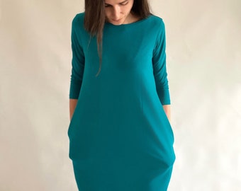 Emerald Green Organic Cotton Balloon Dress - Soft Jersey Knit with Pockets