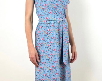 Organic cotton jersey dress with belt - sky blue with flowers - summer long dress - tshirt dress - soft and comfortable - GOTS cotton