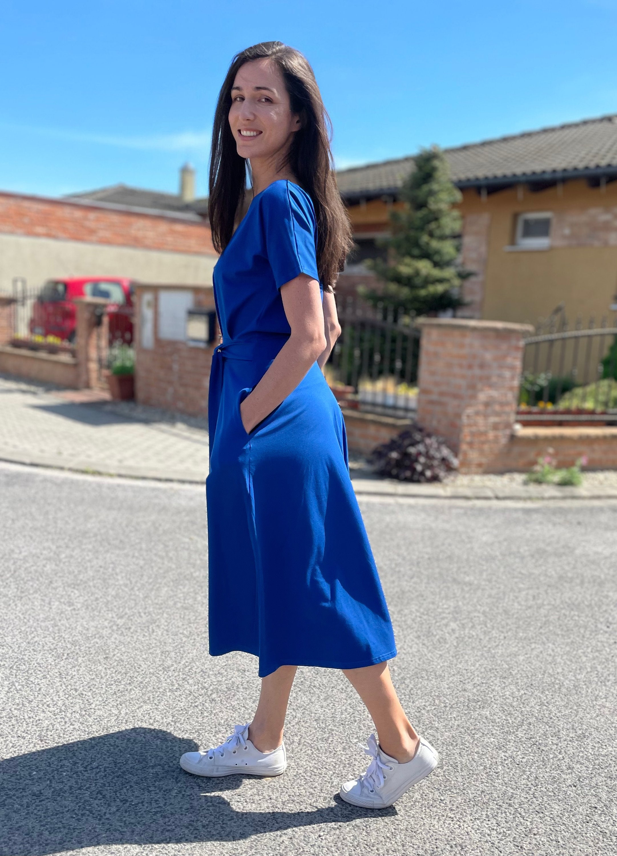 Organic Cotton Summer Dress - Flowy Midi Dress - A Line Dress - Soft and Comfortable Dress with Pockets - GOTS Cotton - Royal Blue Color