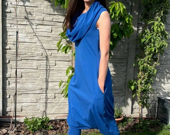 Organic cotton jersey jumpsuit with pockets - large hood - soft & comfortable - GOTS fabric - drop crotch oversize romper - Royal blue