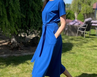 Organic cotton summer dress with belt & pockets - flowy midi dress - A line dress - soft and comfortable - GOTS cotton - Royal Blue color