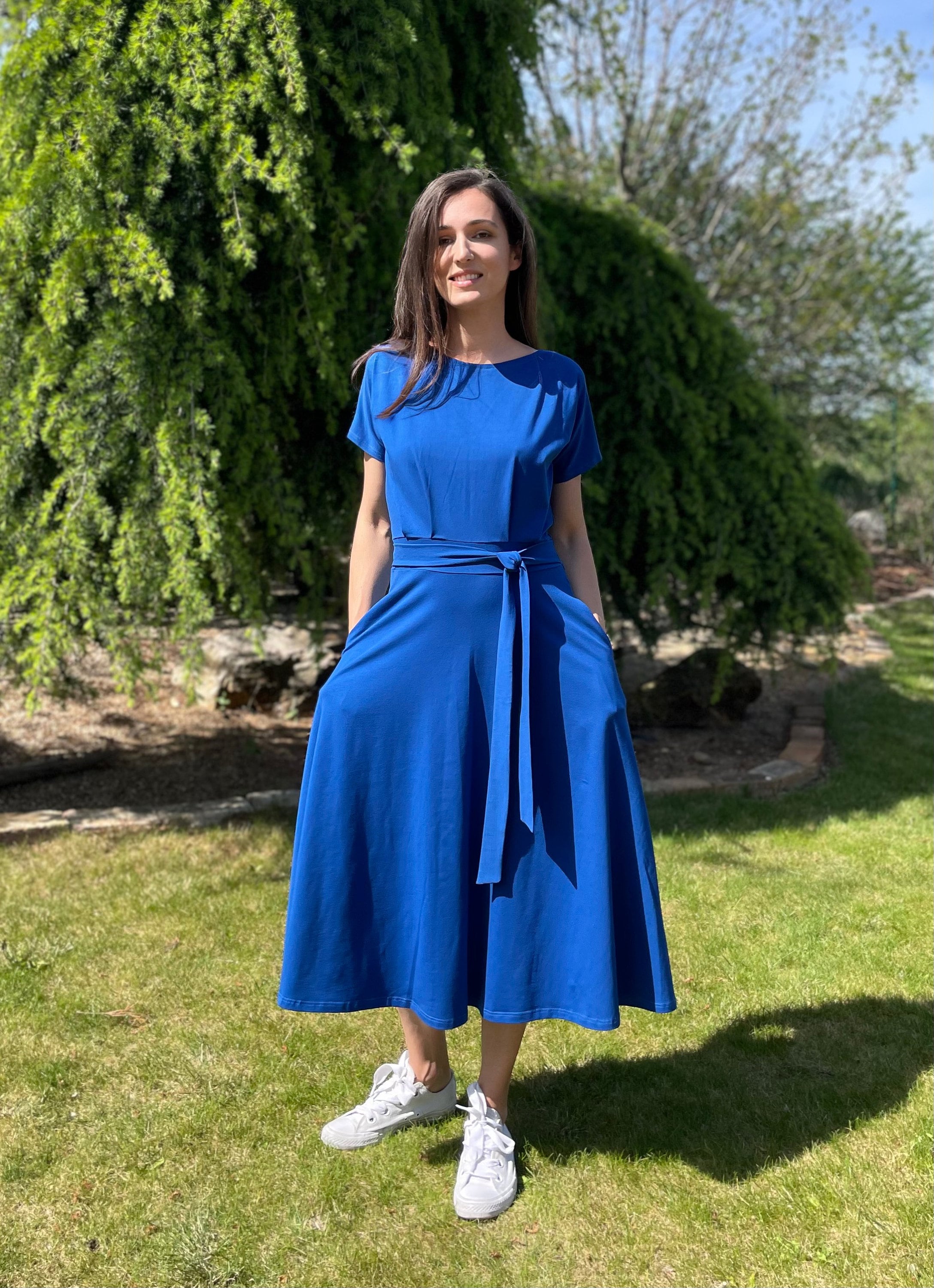 Organic cotton summer dress - flowy midi dress - A line dress - soft and comfortable dress with pockets - GOTS cotton - Royal Blue color