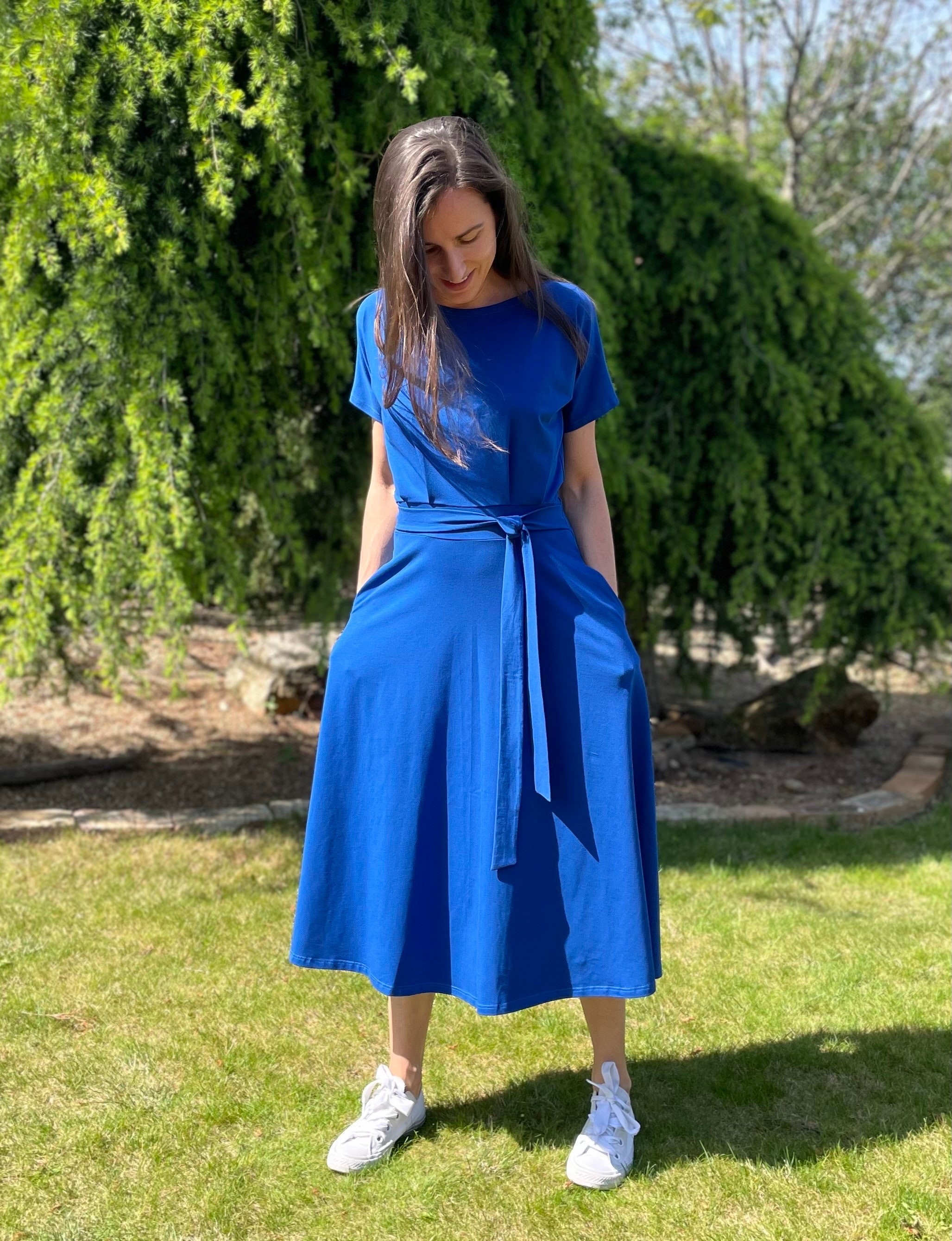 Organic Cotton Summer Dress With Belt & Pockets - Flowy Midi