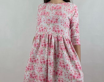 Floral Organic Cotton Jersey Dress – Cherry Blossom Smock with Pockets