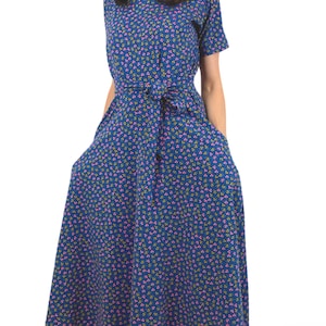 Organic cotton jersey dress with belt & pockets - blue with flowers - summer dress - soft and comfortable - GOTS cotton