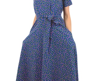 Organic cotton jersey dress with belt & pockets - blue with flowers - summer dress - soft and comfortable - GOTS cotton