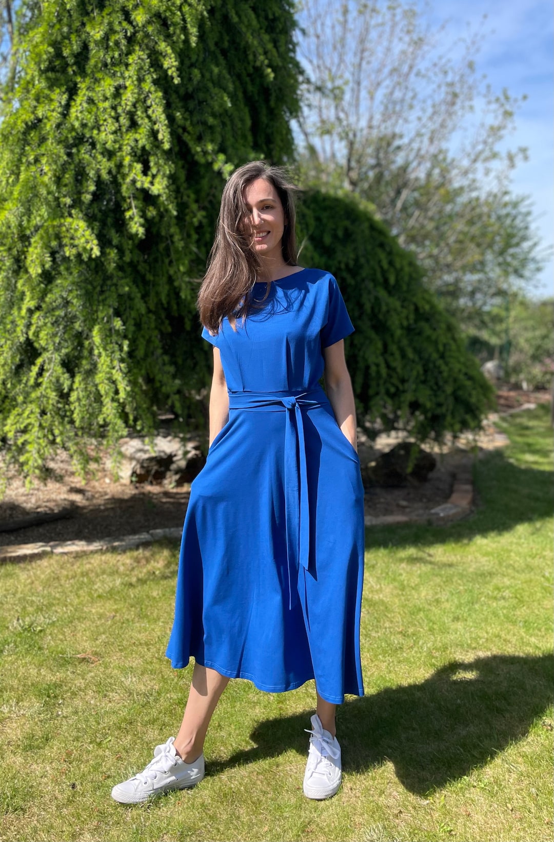 a line midi summer dress Organic Cotton Summer Dress - Flowy Midi Dress - A Line Dress - Soft and  Comfortable Dress With Pockets - GOTS Cotton - Royal Blue Color