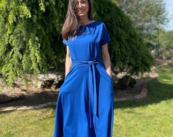 Organic Cotton Jersey Midi Dress - Royal Blue A-Line GOTS Cotton
