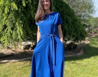 Organic cotton summer dress - flowy midi dress - A line dress - soft and comfortable dress with pockets - GOTS cotton - Royal Blue color