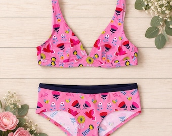 Pink Birds Organic Cotton Bra and Panty Set – Wire-Free Comfort Underwear
