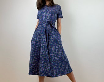 Organic cotton jersey dress with belt & pockets - blue with flowers - summer dress - soft and comfortable - GOTS cotton