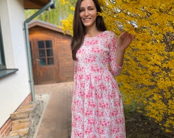 Organic Cotton Jersey Smock Dress – Cherry Blossom Print, Pockets