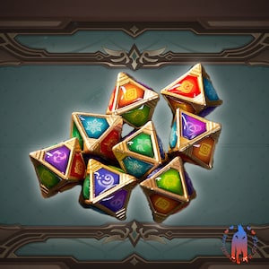 Pode incluir: Oito dados triangulares com borda dourada e faces de diferentes cores e padrões. Cada dado tem um símbolo diferente em cada face.