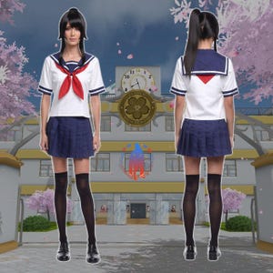 May include: A school uniform consisting of a white short-sleeved shirt with a navy blue sailor collar, a red neckerchief, and a navy blue pleated skirt. The outfit includes black knee-high socks and black shoes, shown from both front and back views.