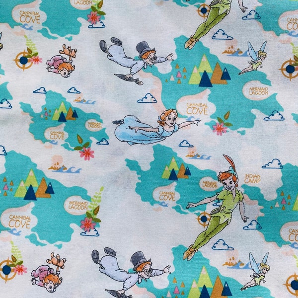 100% Cotton Disney Peter Pan Fly Map Mask Quilting Fabric Neverland Lost Boys Wendy sold by the yard, 1/2 yard and FQ **Ships Quick**