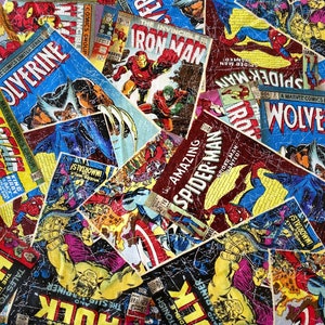 May include: A collage of comic book pages featuring various superheroes, including Spider-Man, Wolverine, and Iron Man. The pages are in various colors and feature illustrations of the characters in action.