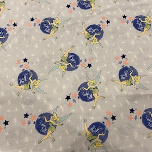 100% Cotton NEW Disney Tinkerbell Tink Pixie Dust Mask Quilting Fabric purple Peter Pan sold by the yard, 1/2 yard & FQ **Ships Quick**