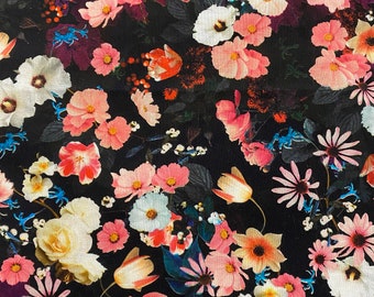 Premium Cotton Fabric Wonderous Winter Pink White Purple floral on black 100% Cotton Quilting sold by the FQ, 1/2 yard & yard *Ships Quick*