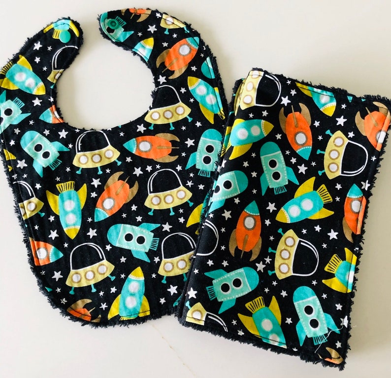 NEW Max 45% OFF Baby burp discount cloth bib set Space Station Rocket Ship chenille