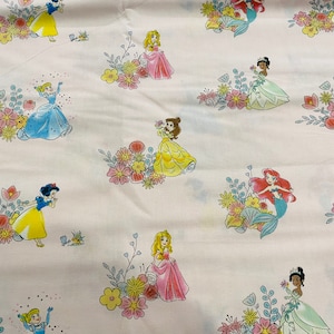 100% cotton fabric Disney Princess Scenic floral flowers Tiana Cinderella Aurora Rapunzel Belle Ariel pink sold by the yard, 1/2 yard, FQ