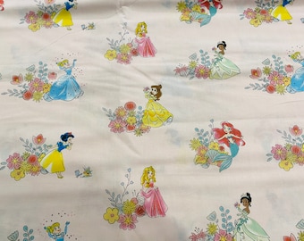 100% cotton fabric Disney Princess Scenic floral flowers Tiana Cinderella Aurora Rapunzel Belle Ariel pink sold by the yard, 1/2 yard, FQ