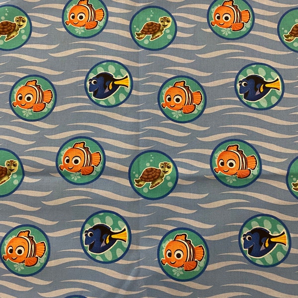 100% Cotton Mask Quilting Fabric Disney Pixar Springs Creative Finding Nemo Waves Badges sold cut to size, 1/2 yard & FQ *SHiPS QUiCK*