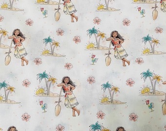 100% Cotton Disney Princess Moana Island Vibes Quilting Fabric WHITE palm trees sold by the yard, 1/2 yard and FQ Fat quarter *Ships Quick*